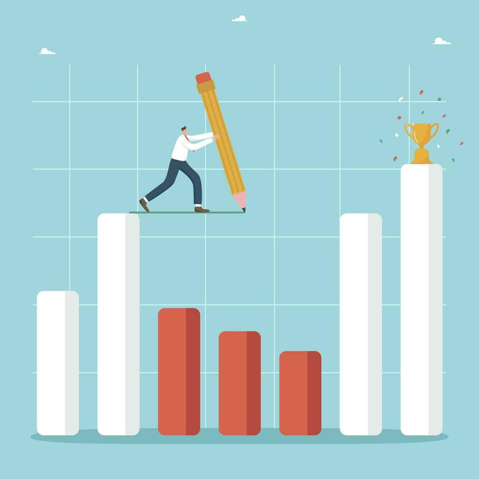 suivre le droite affaires stratégie à atteindre génial succès, Créatif méthodes de résolution problèmes et travail Tâches, méthodes de maintenir affaires dans crise, homme dessine une chemin par graphique avec crayon. vecteur