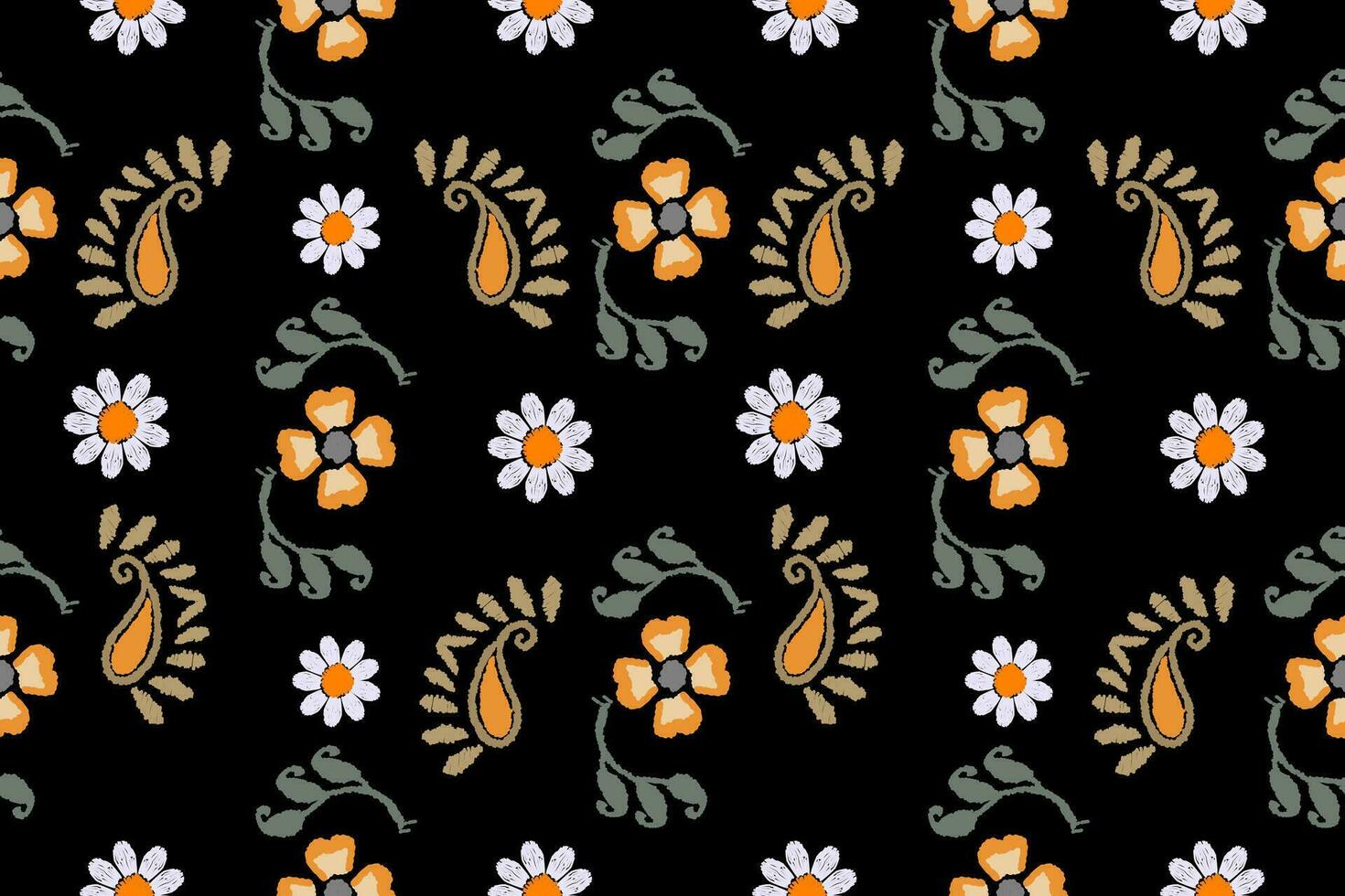 ikat floral broderie modèle sur noir Contexte. traditionnel ikat, aztèque abstrait vecteur modèle, sans couture modèle dans tribal, populaire broderie et mexicain style.