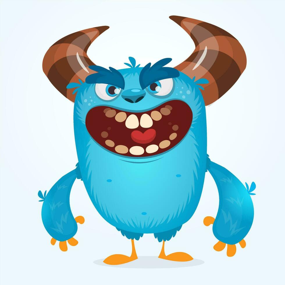 mignonne velu bleu monstre. vecteur bigfoot ou troll personnage mascotte. conception pour les enfants livre, vacances décoration, autocollants ou impression