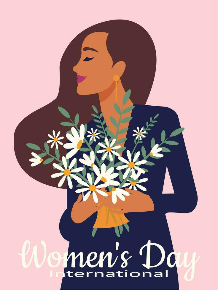 international aux femmes journée. magnifique à la mode brunette dans une bleu robe avec une bouquet de camomille. verticale rose de fête printemps bannière. vecteur. vecteur