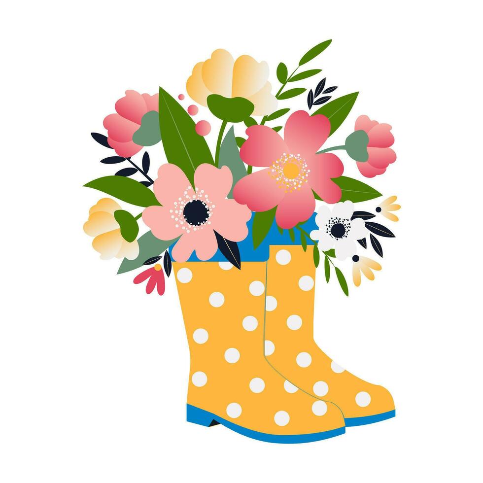 fleurs dans caoutchouc bottes. moderne illustration conception pour printemps cartes postales. bouquet de magnifique fleurs et feuilles dans Jaune caoutchouc bottes avec pois sur une blanc Contexte. vecteur. vecteur