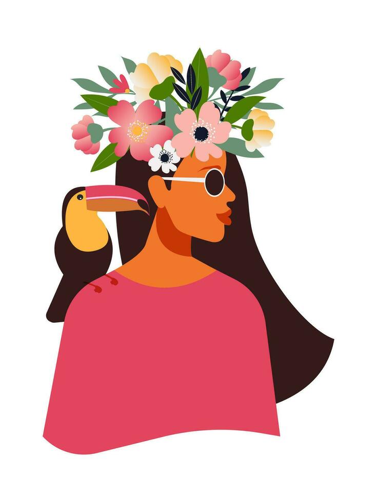 portrait de une magnifique poil long femme dans à la mode des lunettes avec fleurs sur sa tête et une toucan sur sa épaule. illustration pour le conception de vacances exotique cartes. vecteur. vecteur