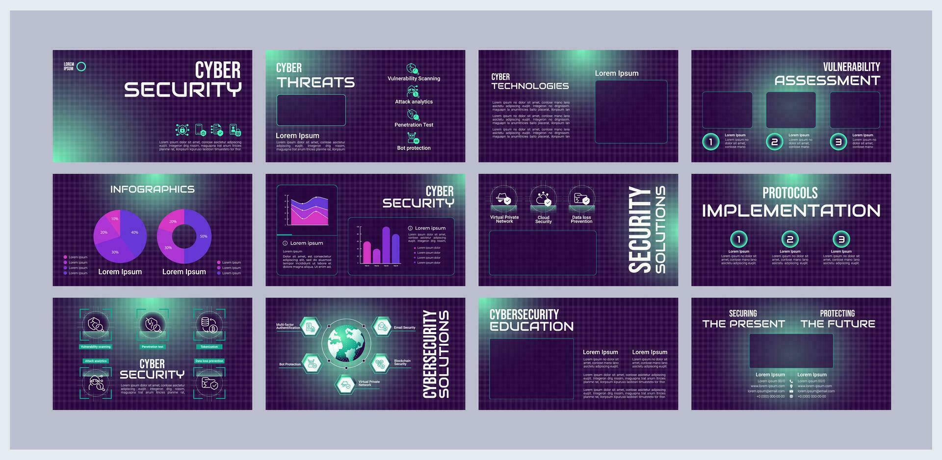 cyber Sécurité présentation modèles ensemble. la cyber-sécurité entraînement. risque gestion. prêt fabriqué ppt diapositives sur violet Contexte. graphique conception vecteur