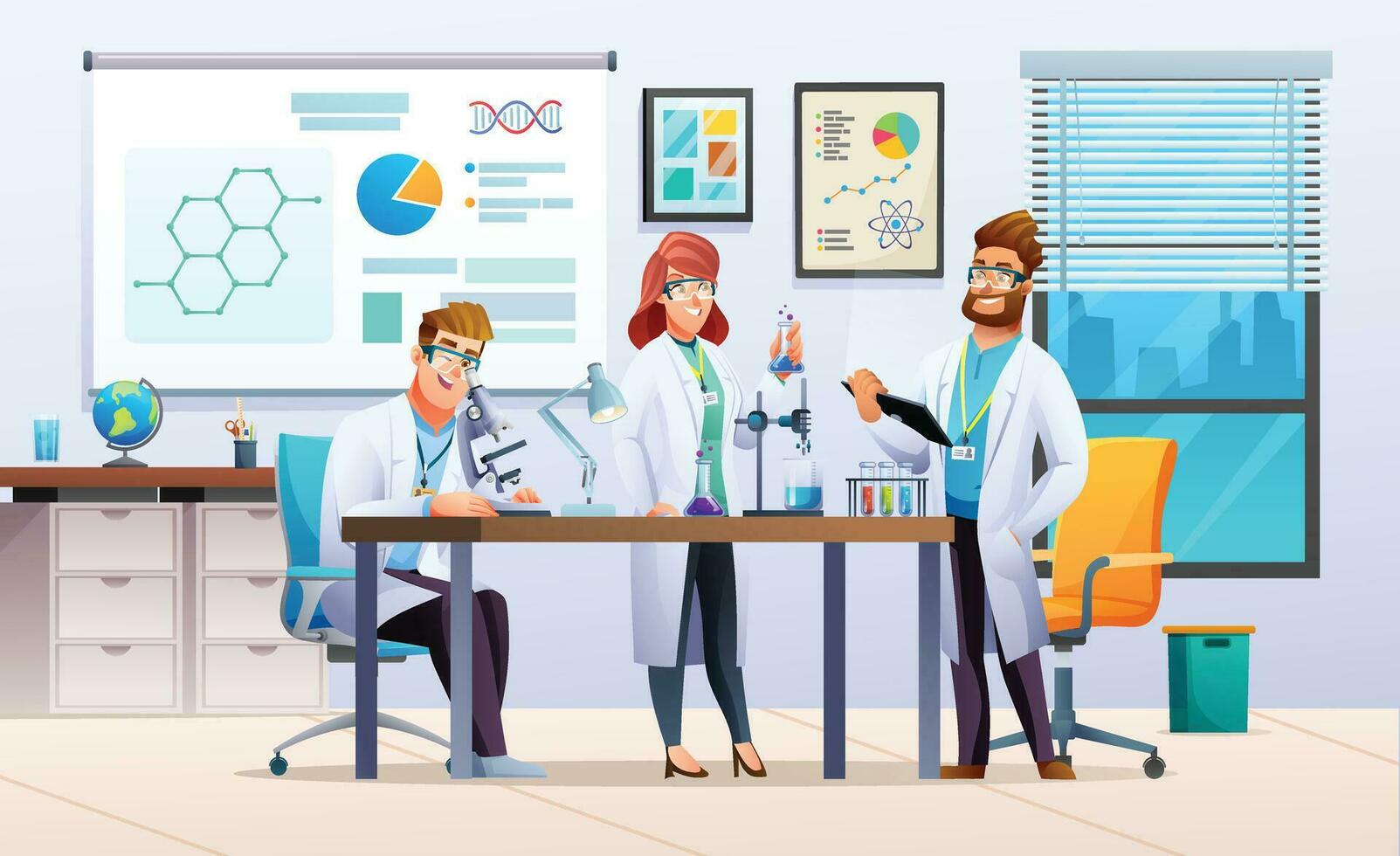 groupe de scientifiques conduite expériences dans science laboratoire. Hommes et femme scientifiques Faire scientifique recherche. vecteur illustration