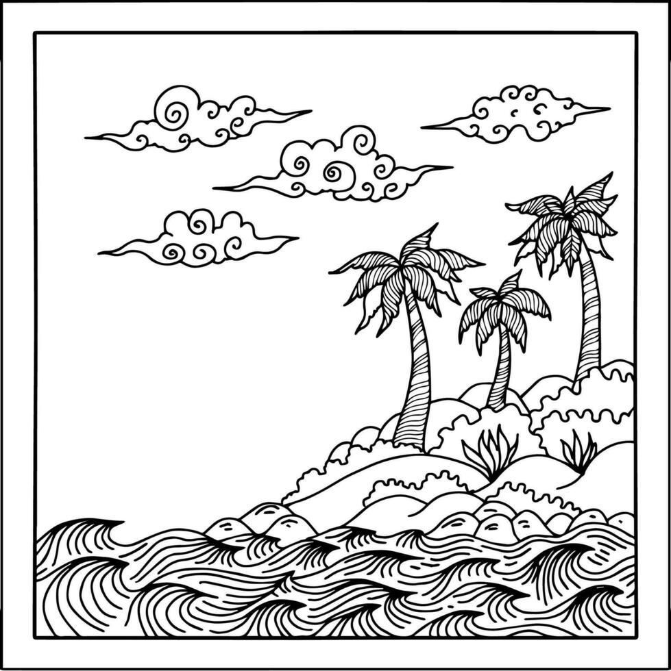 conception plage paysage contour pour coloration page ou élément vecteur