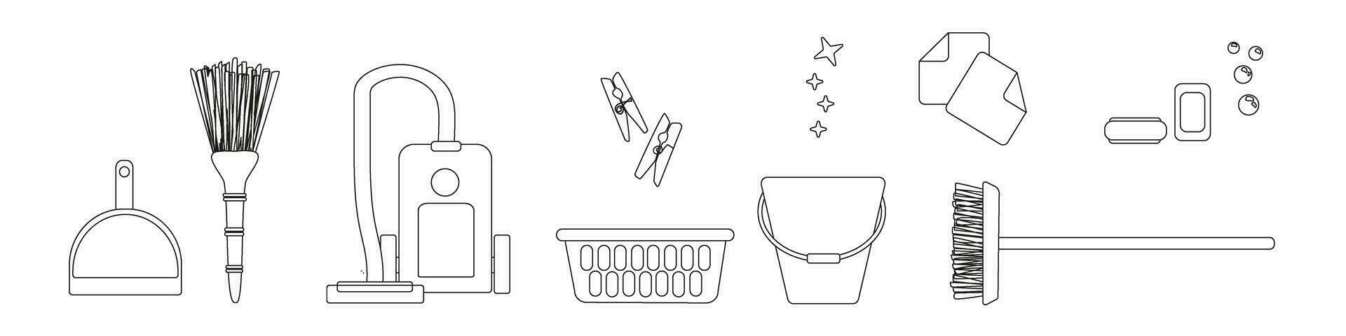 ensemble de vecteur conception éléments pour printemps nettoyage contour. main dessin dans dessin animé style. contour vecteur ensemble.