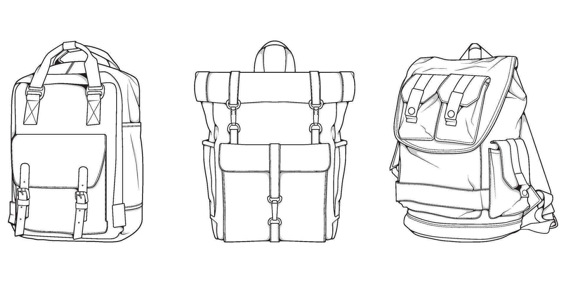 main tiré vecteur ensemble de sacs à dos. dessin animé décontractée sac à dos, cool sac à dos esquisser . sacs à dos vecteur illustration.