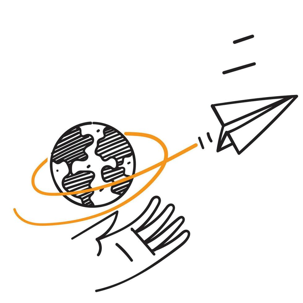 main tiré griffonnage papier avion en volant sur monde carte illustration vecteur