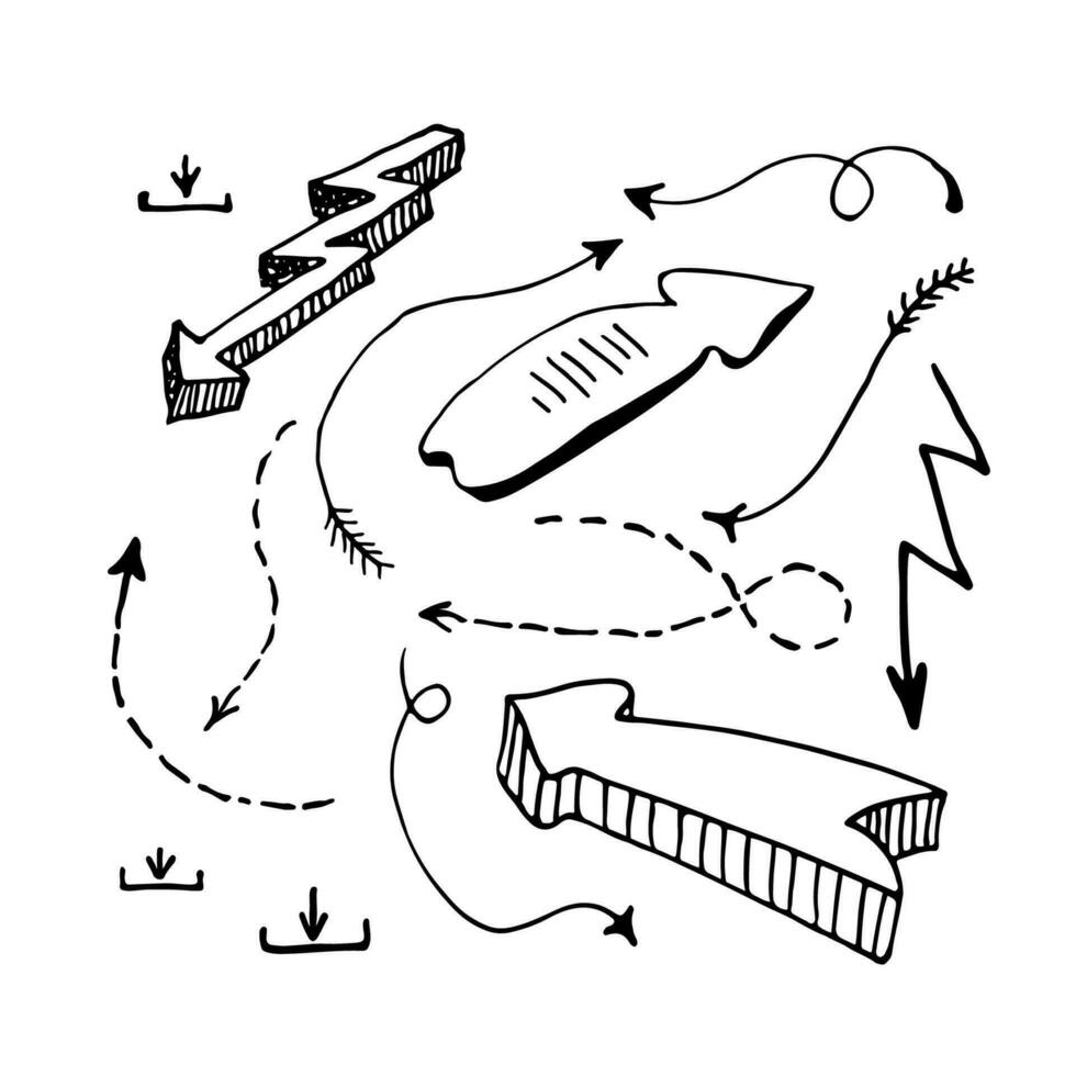 ensemble de main tiré style flèches isolé sur blanc arrière-plan, direction panneaux. vecteur illustration