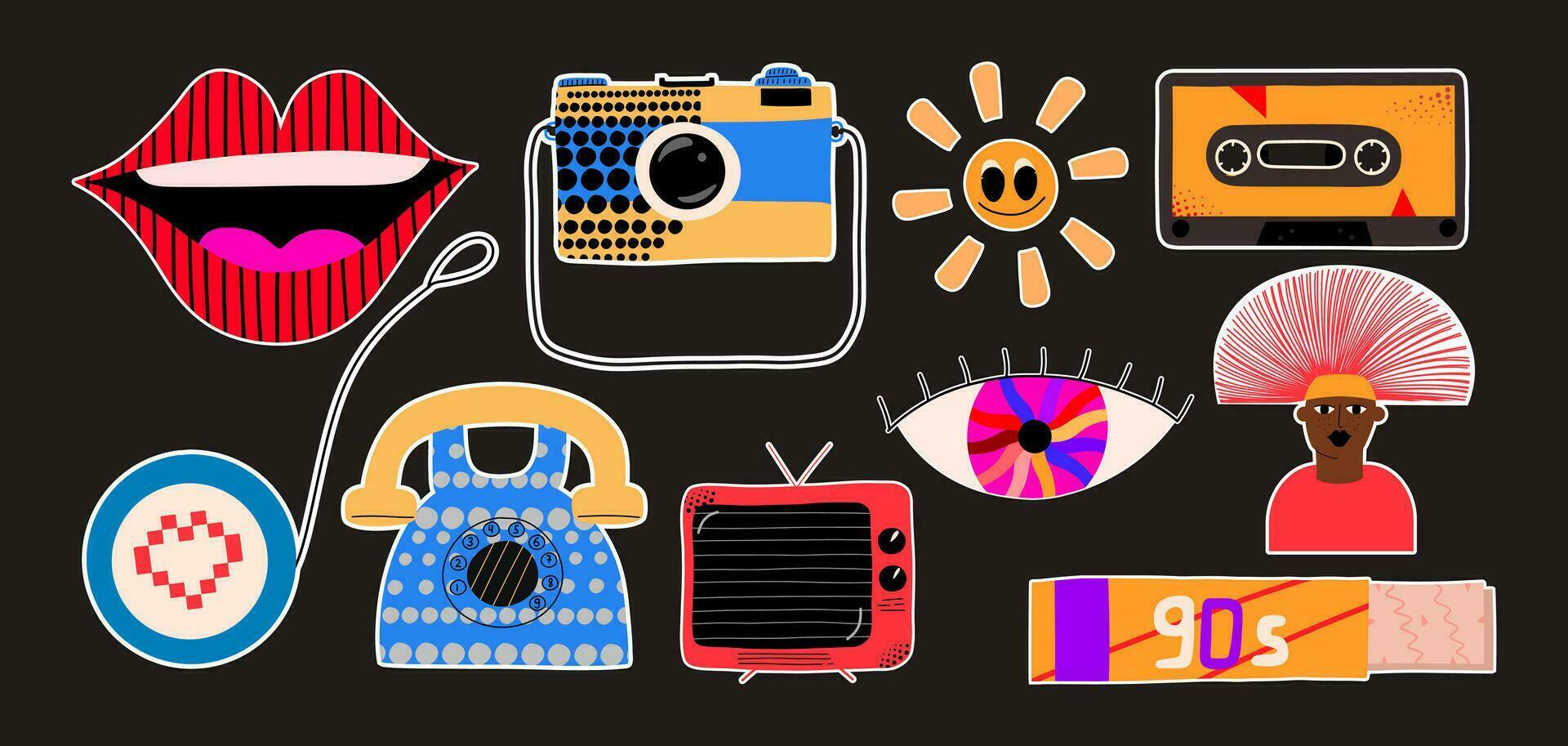 rétro Années 90 ensemble avec différent vieux école éléments. Années 80 autocollant collection avec l'audio cassette, lèvres, Soleil souriant, gencive, ancien la télé et téléphone. vecteur illustration