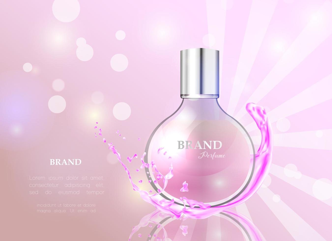 illustration vectorielle d'un parfum de style réaliste dans une bouteille en verre. superbe affiche publicitaire pour promouvoir un nouveau parfum. vecteur