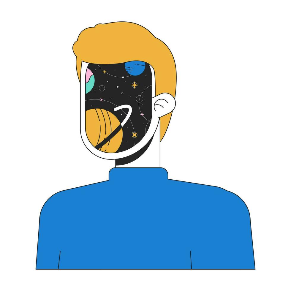 planètes galaxie esprit plat ligne concept vecteur place illustration. surréaliste visage homme 2d dessin animé contour personnage sur blanc pour la toile ui conception. espace surréalisme Masculin modifiable isolé Couleur héros image