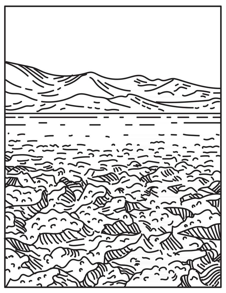 parcours de golf du diable situé dans le désert de mojave dans le parc national de la vallée de la mort, californie états-unis ligne mono ou dessin au trait noir et blanc monoline vecteur