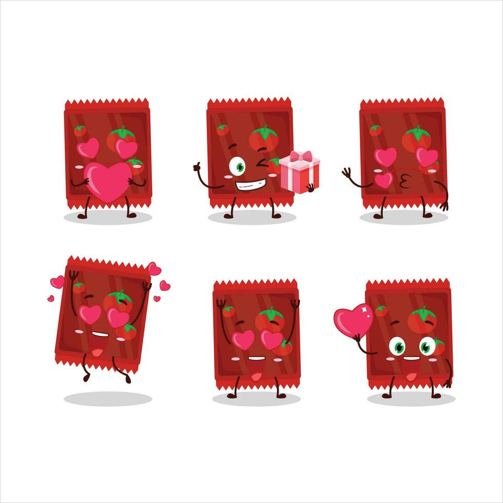 ketchup sachet dessin animé personnage avec l'amour mignonne émoticône vecteur