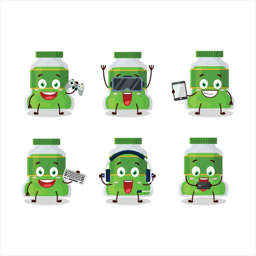 Pesto bouteille dessin animé personnage sont en jouant Jeux avec divers mignonne émoticônes vecteur