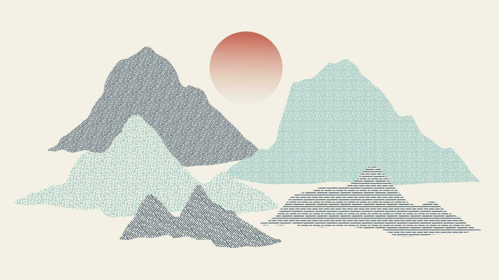 Montagne dans Oriental style Contexte vecteur. chinois paysage avec point modèle, collines, soleil, ligne art, Japonais modèle. minimal montagnes art fond d'écran conception pour imprimer, mur art, couverture et intérieur. vecteur