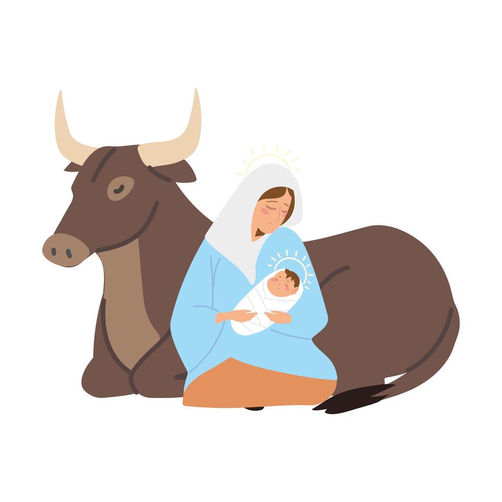 nativité, sainte marie avec bébé jésus et bœuf animal vecteur