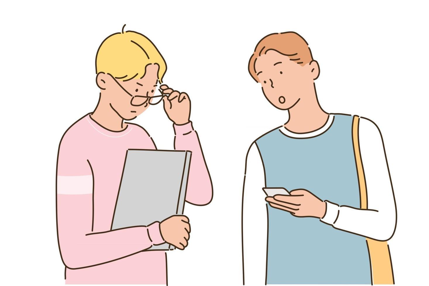 deux étudiants masculins ont une conversation avec un ordinateur portable et un téléphone portable dans leurs mains. illustrations de conception de vecteur de style dessinés à la main.