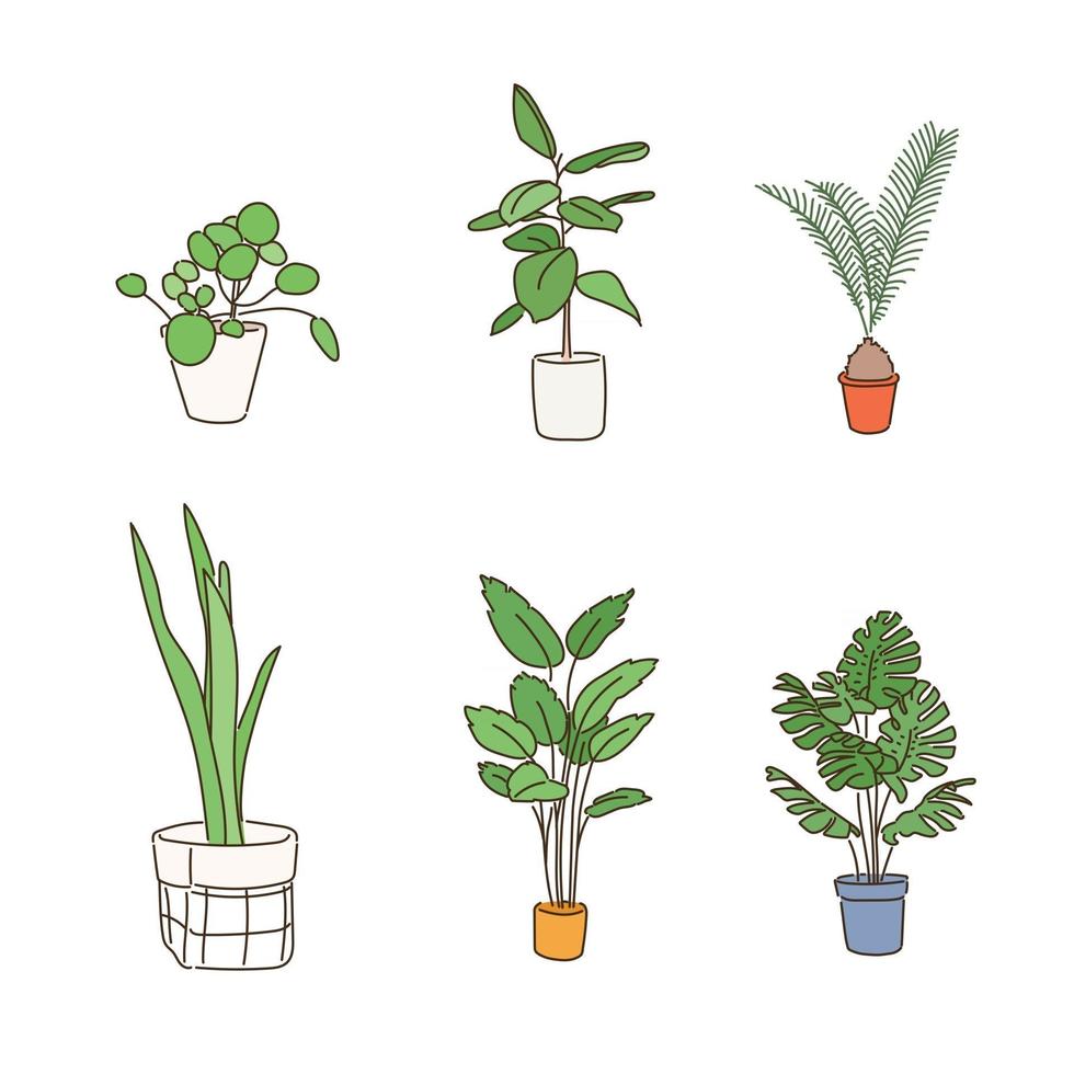 divers types de pots de plantes. illustrations de conception de vecteur de style dessinés à la main.