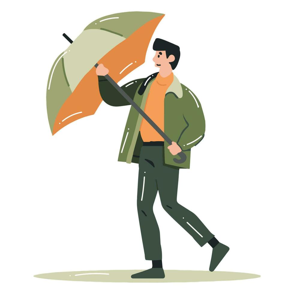 main tiré Jeune homme en marchant avec parapluie dans plat style vecteur