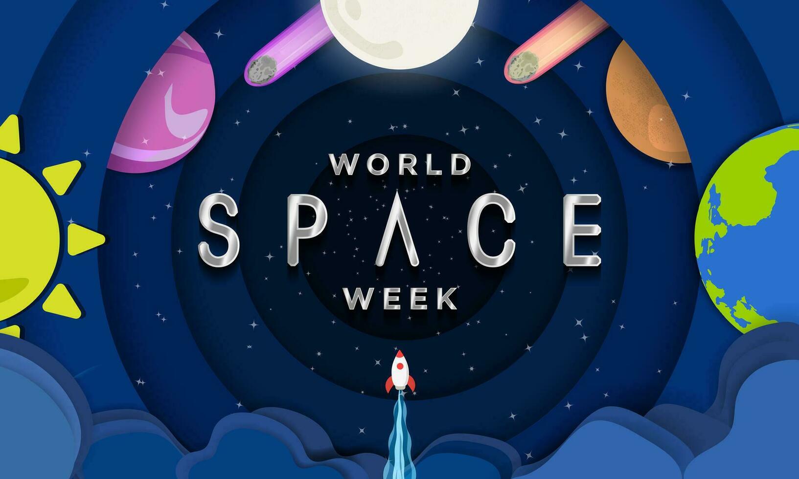 ensemble de monde espace la semaine métallique typographie et pop en haut papier art concept style bannière. mignonne origami planètes avec texture, bleu et rouge astéroïdes, et fusée navire lancement dans espace. vecteur art.