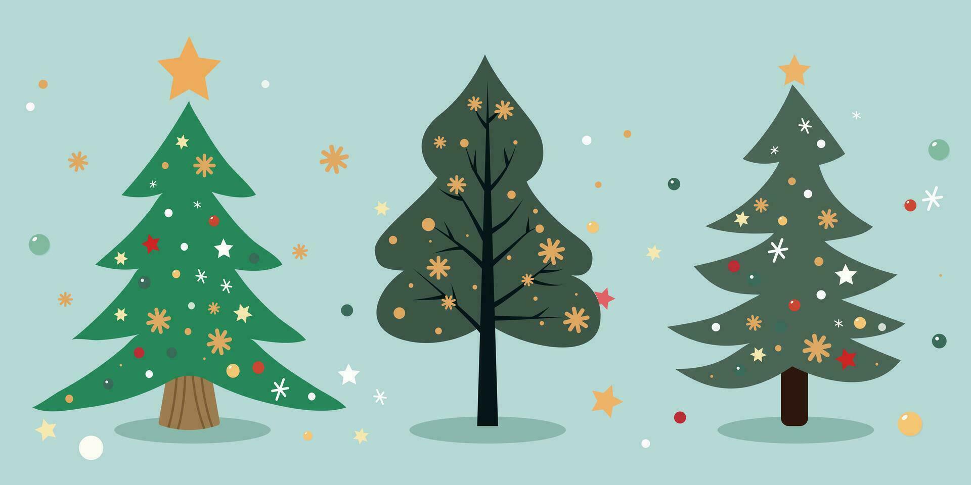 mignon, charmant dessin animé Noël arbre avec étoile, flocon de neige et babiole décoration. vecteur
