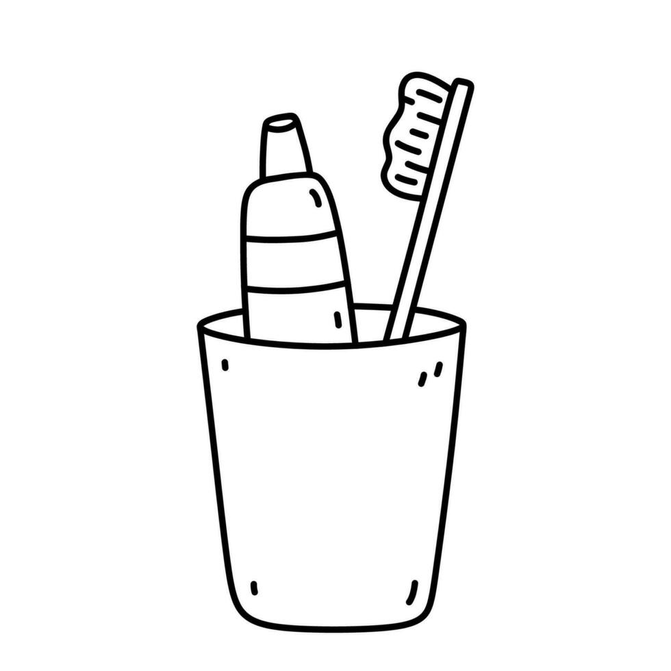 brosse à dents et dentifrice dans une tasse isolé sur blanc Contexte. oral hygiène. vecteur dessiné à la main illustration dans griffonnage style. parfait pour décorations, logo, divers conceptions.