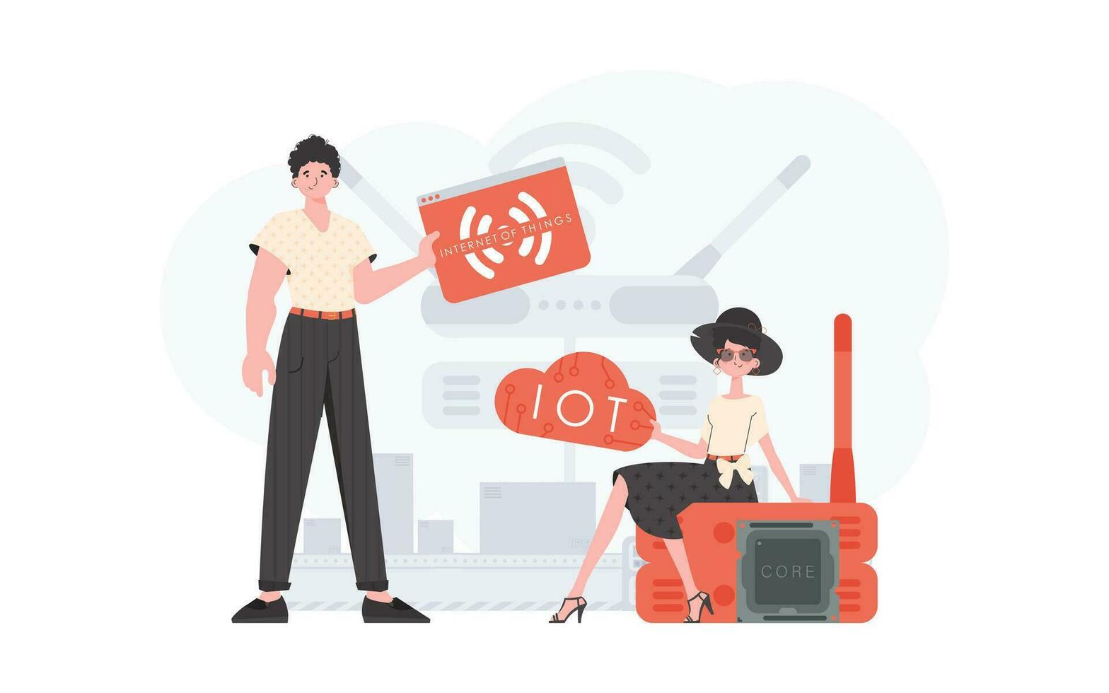 une homme et une femme sont une équipe dans le champ de le l'Internet de choses. iot et automatisation concept. bien pour sites Internet et présentations. branché plat style. vecteur. vecteur