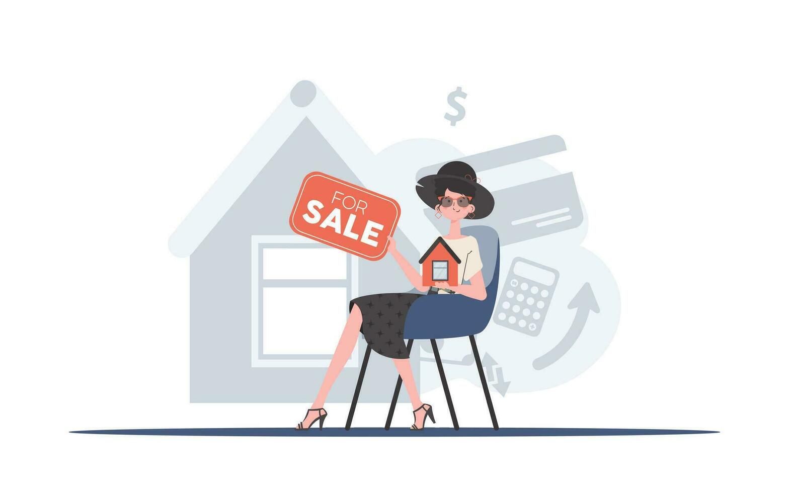 le fille est assis sur une chaise et détient une signe dans sa mains pour vente. le concept de vente une maison. branché style. vecteur illustration.