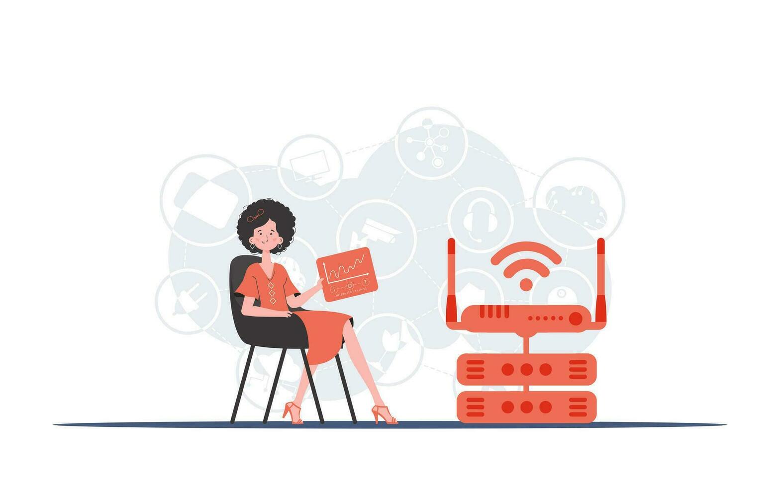 l'Internet de des choses concept. une femme est assis dans une chaise et détient une panneau avec analyseurs et indicateurs dans sa mains. bien pour sites Internet et présentations. vecteur illustration dans branché plat style.