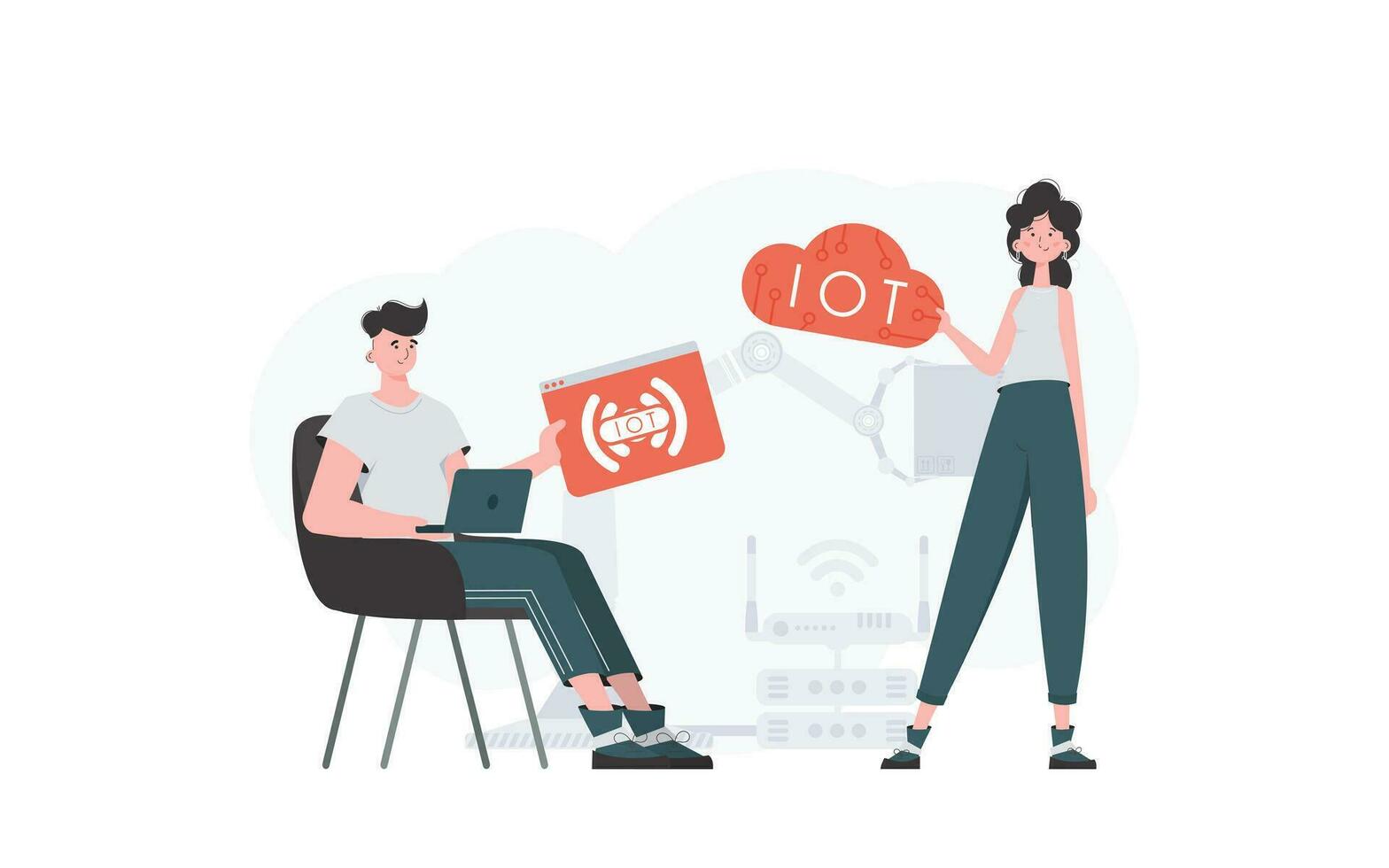 le fille et le gars sont une équipe dans le champ de l'Internet de choses. iot concept. bien pour sites Internet et présentations. vecteur illustration dans plat style.