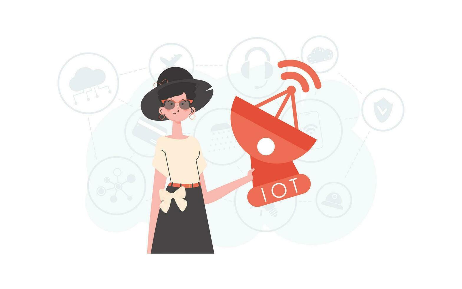 une femme détient une Satellite plat dans sa mains. l'Internet de des choses concept. bien pour présentations et sites Internet. vecteur illustration dans plat style.