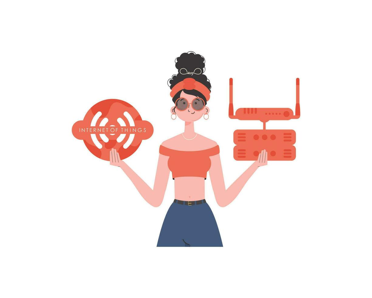 une femme détient le l'Internet de des choses logo dans sa mains. routeur et serveur. iot concept. isolé. branché plat style. vecteur illustration.