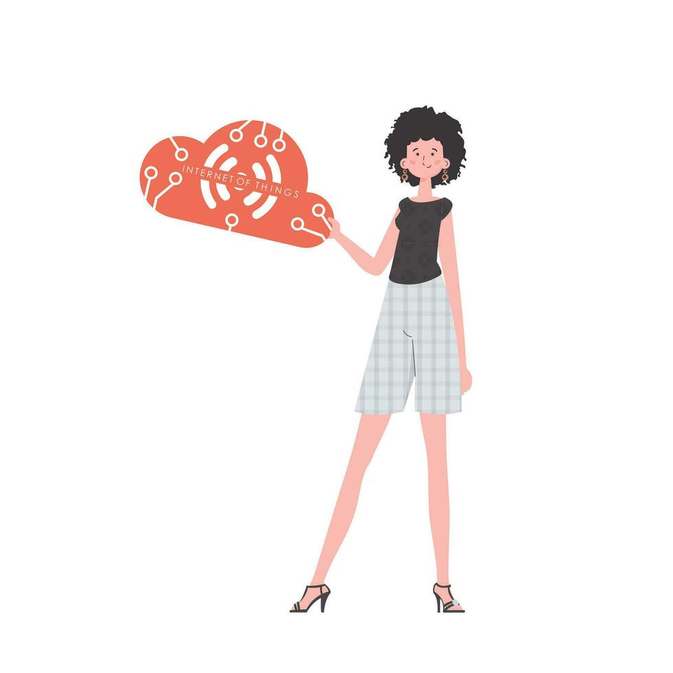 une femme détient le iot logo dans sa mains. iot et automatisation concept. isolé. vecteur illustration dans branché plat style.