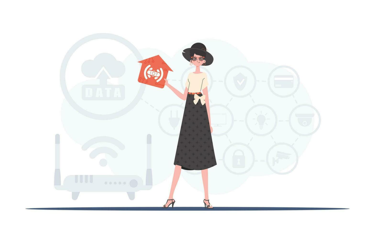 l'Internet de des choses concept. le femme est représenté dans plein croissance, en portant un icône de une maison dans sa mains. bien pour sites Internet et présentations. vecteur illustration dans branché plat style.