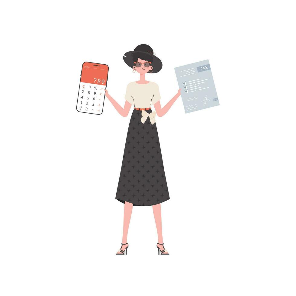 une femme détient une calculatrice et une impôt forme dans sa mains. isolé sur blanc Contexte. tendance style, vecteur illustration.