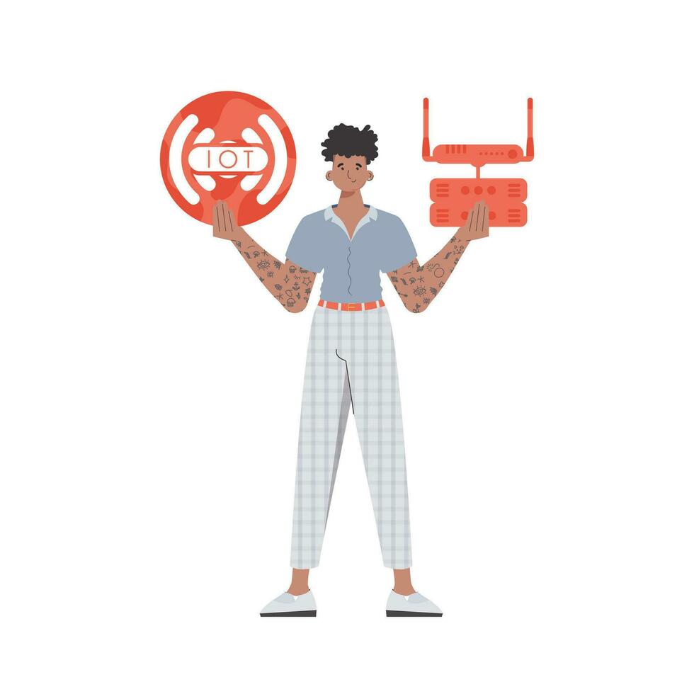 une homme détient le l'Internet de des choses logo dans le sien mains. routeur et serveur. iot concept. isolé. vecteur illustration.