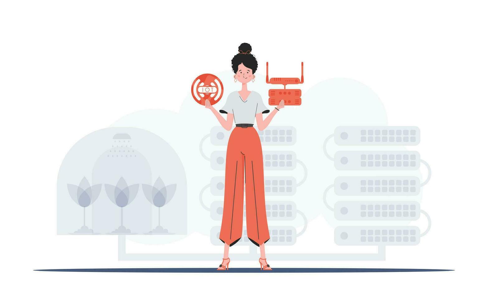 iot concept. une femme détient le l'Internet de des choses logo dans sa mains. routeur et serveur. bien pour sites Internet et présentations. vecteur illustration dans plat style.