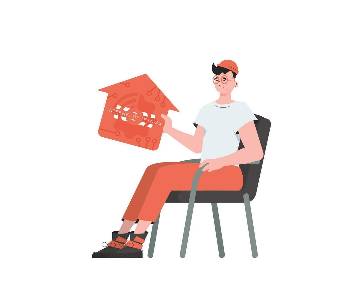 une homme est assis dans une chaise et détient une maison icône dans le sien mains. iot concept. isolé. vecteur illustration dans branché plat style.