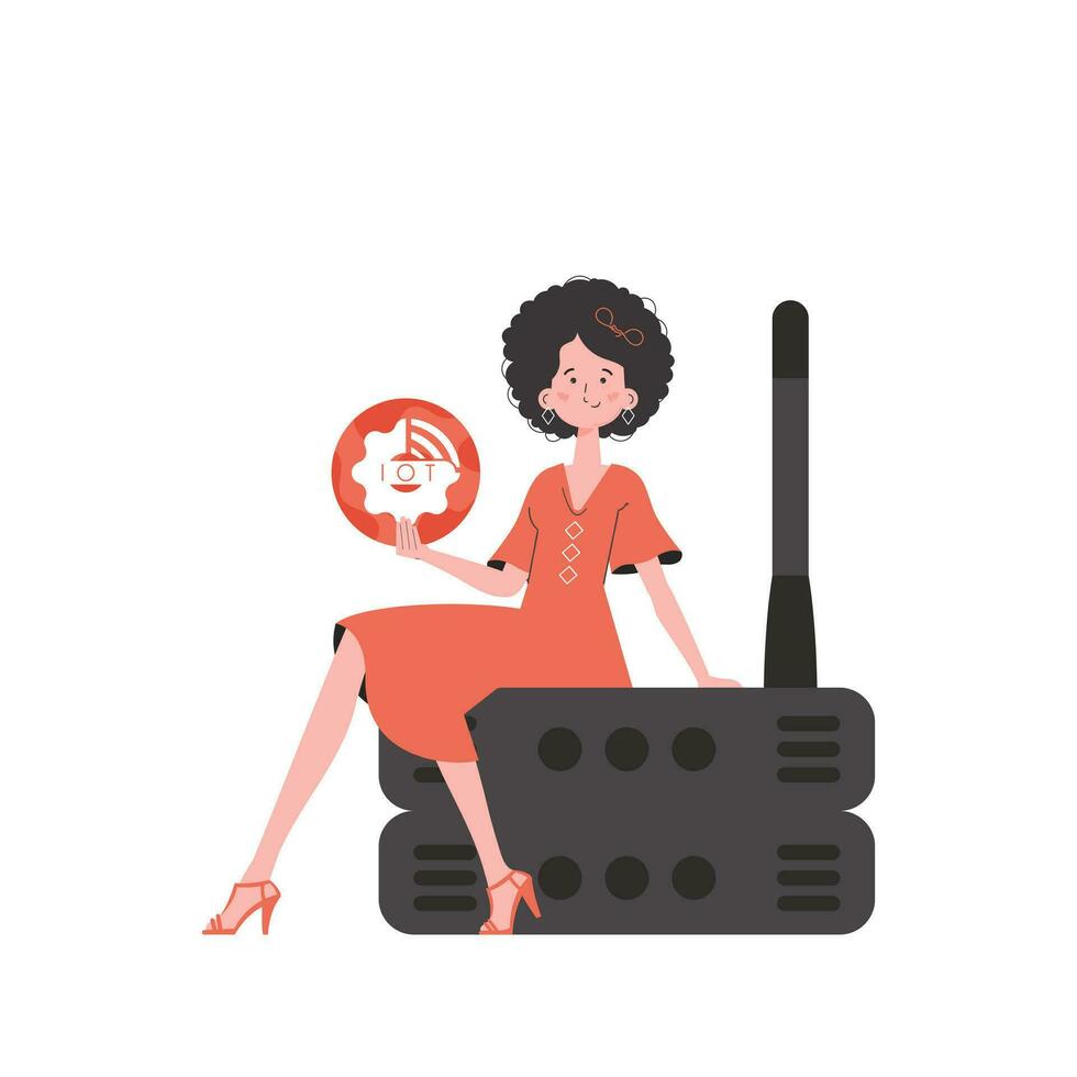une femme est en portant un l'Internet chose icône dans sa mains. routeur et serveur. iot concept. isolé. branché plat style. vecteur illustration.