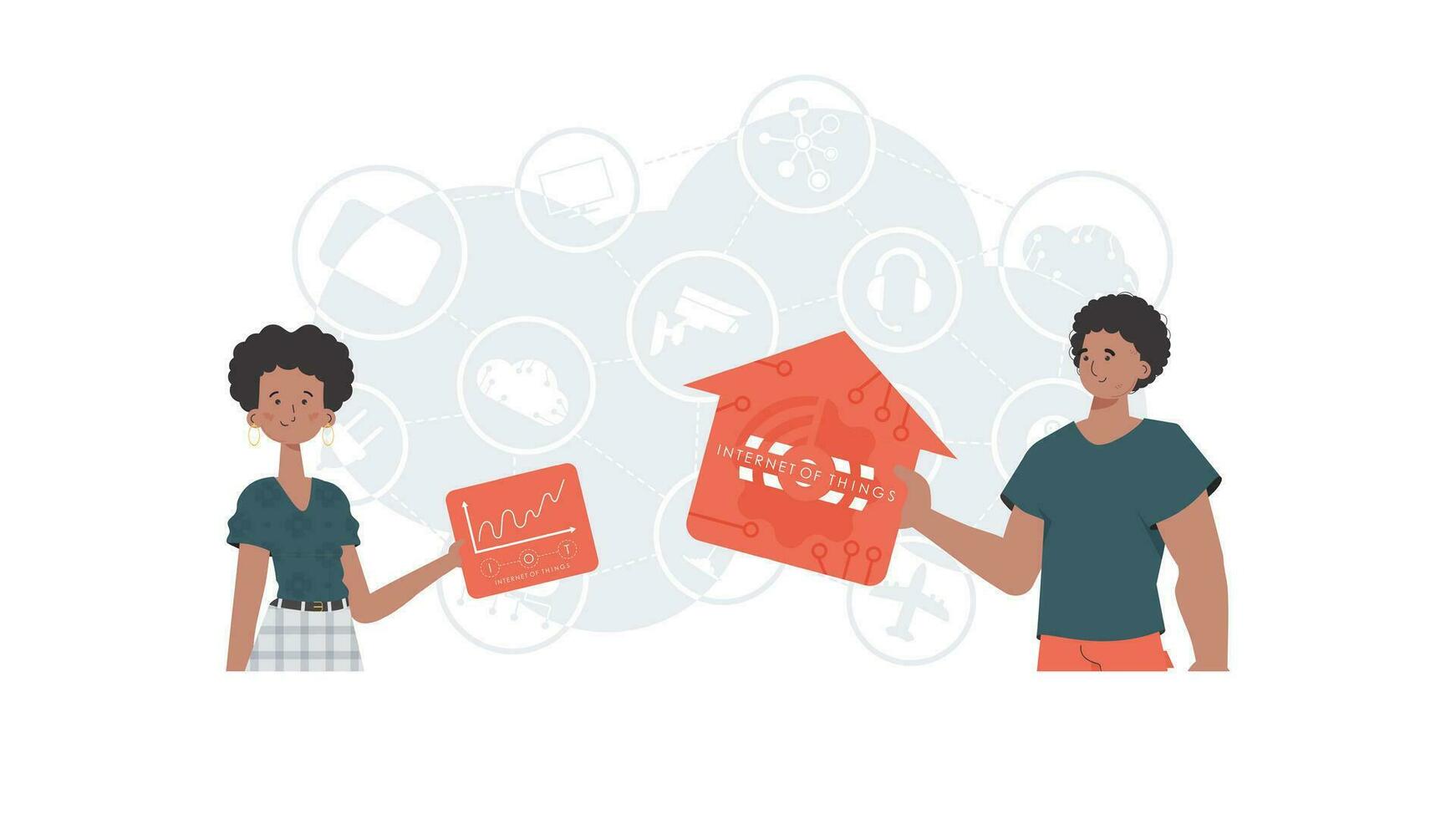 iot concept. une homme et une femme sont une équipe dans le champ de le l'Internet de choses. bien pour sites Internet et présentations. vecteur illustration.