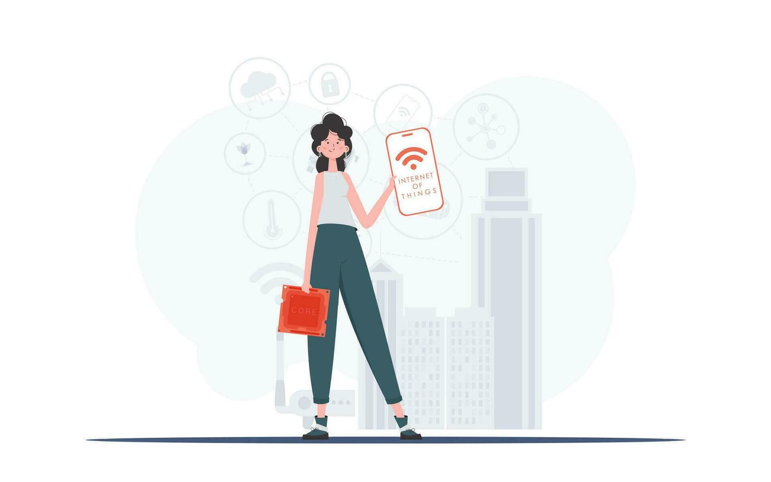 iot et automatisation concept. une femme détient une téléphone avec le iot logo dans sa mains. vecteur illustration dans branché plat style.