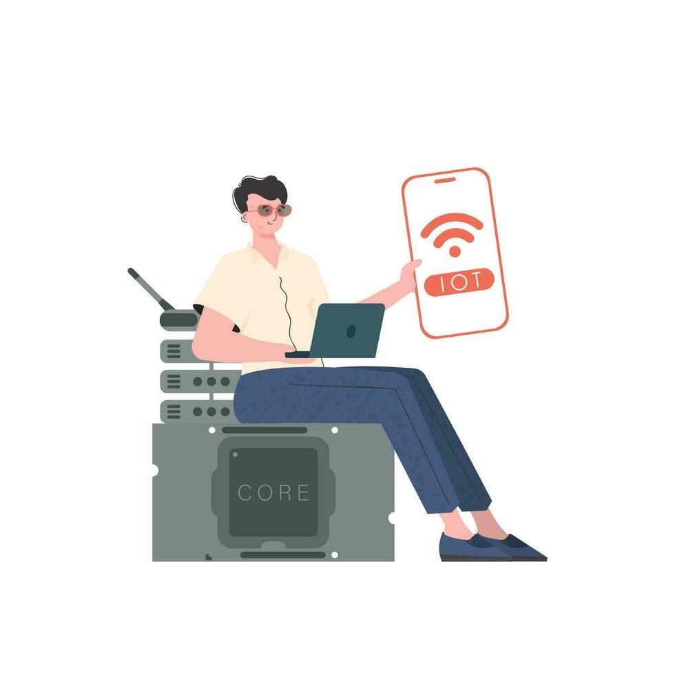 une homme détient une téléphone avec le iot logo dans le sien mains. iot concept. vecteur illustration dans plat style.