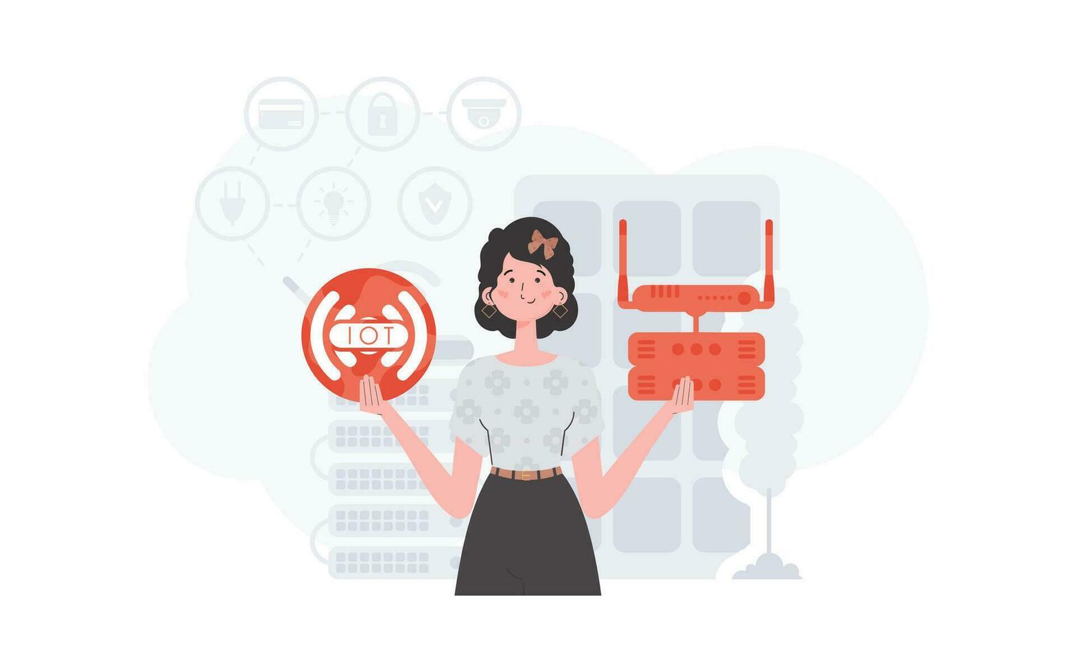 l'Internet de des choses concept. une femme détient le l'Internet de des choses logo dans sa mains. routeur et serveur. bien pour sites Internet et présentations. vecteur illustration dans plat style.