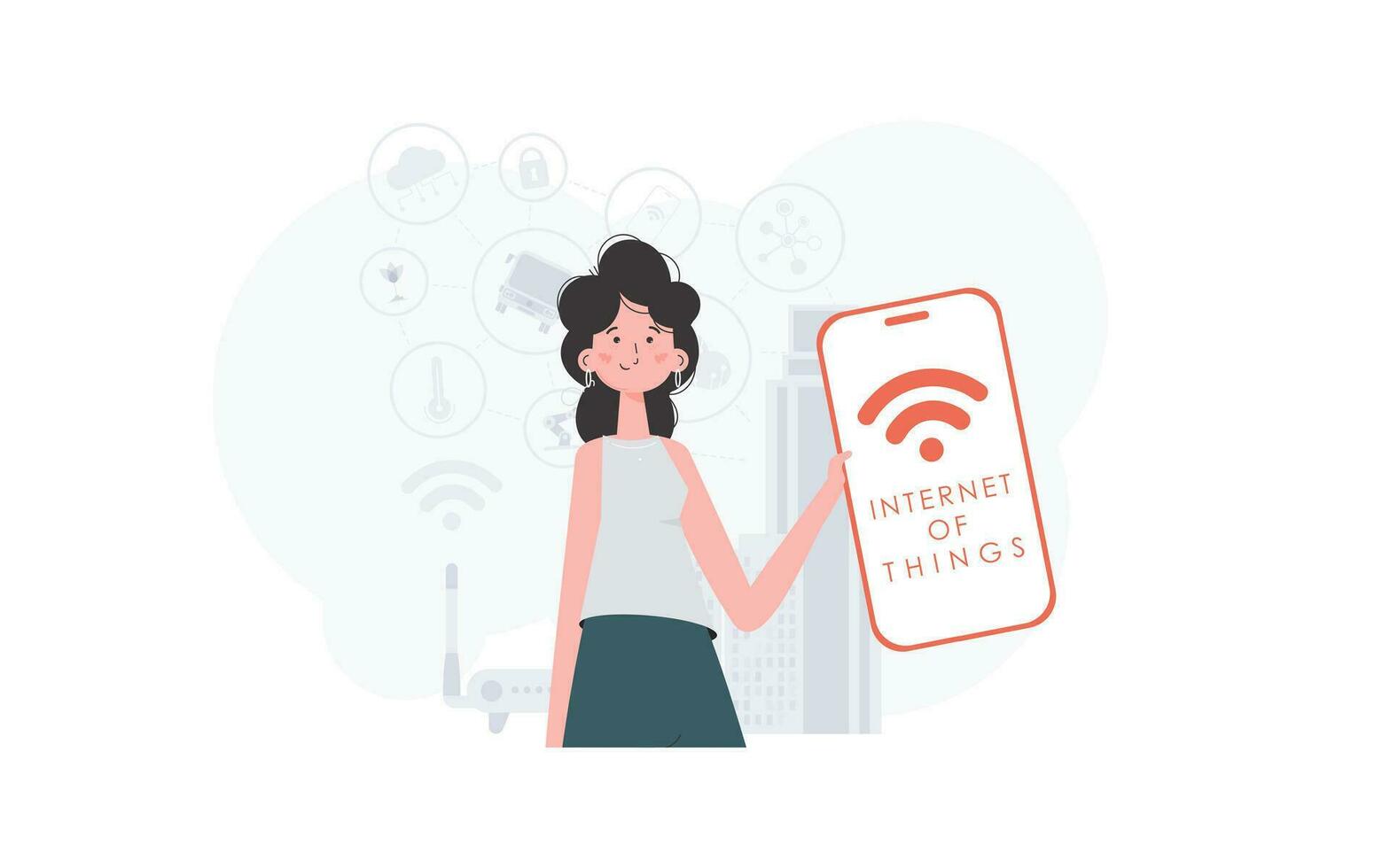 iot concept. le fille est en portant une téléphone avec le iot logo dans sa mains. vecteur. vecteur