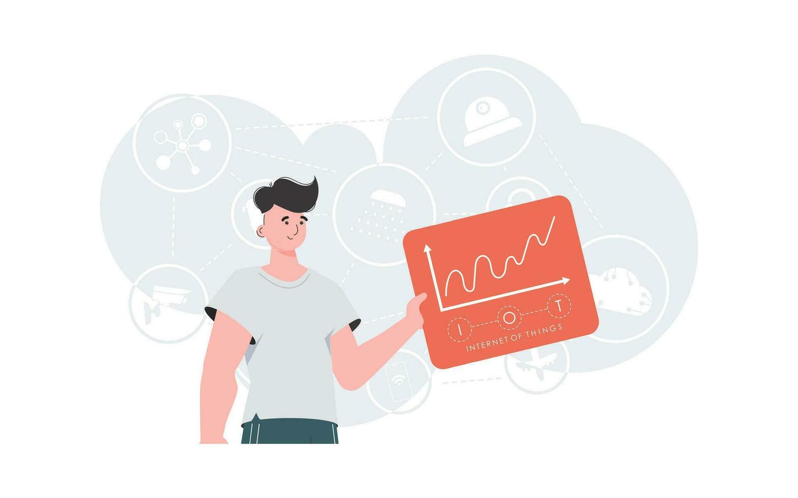 iot concept. une homme détient une panneau avec analyseurs et indicateurs dans le sien mains. bien pour sites Internet et présentations. vecteur illustration.