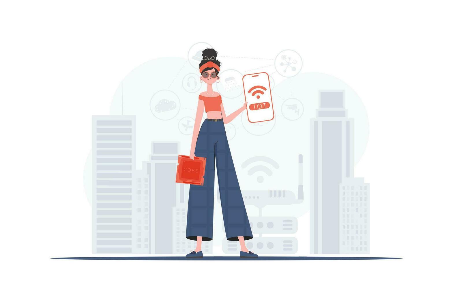 iot et automatisation concept. une femme détient une téléphone avec le iot logo dans sa mains. branché plat style. vecteur illustration.