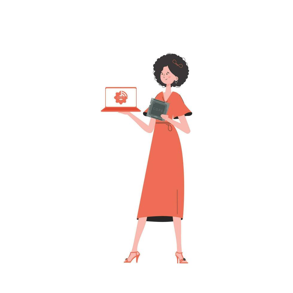 une femme détient une portable et une processeur puce dans sa mains. iot et automatisation concept. isolé. vecteur illustration dans branché plat style.