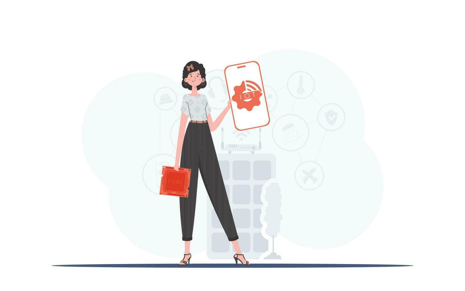 l'Internet de des choses et automatisation concept. une femme détient une téléphone avec le iot logo dans sa mains. vecteur. vecteur