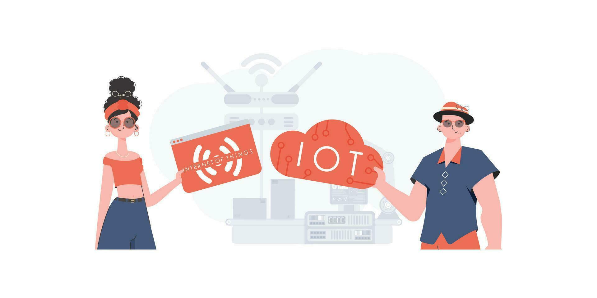 une homme et une femme sont une équipe dans le champ de le l'Internet de choses. iot concept. bien pour sites Internet et présentations. vecteur illustration dans plat style.